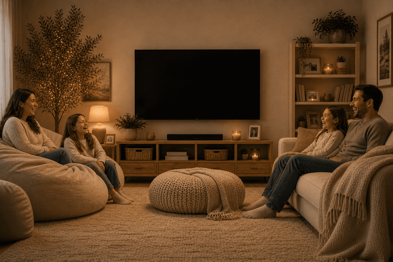 A cozy living room with Luana on the TV