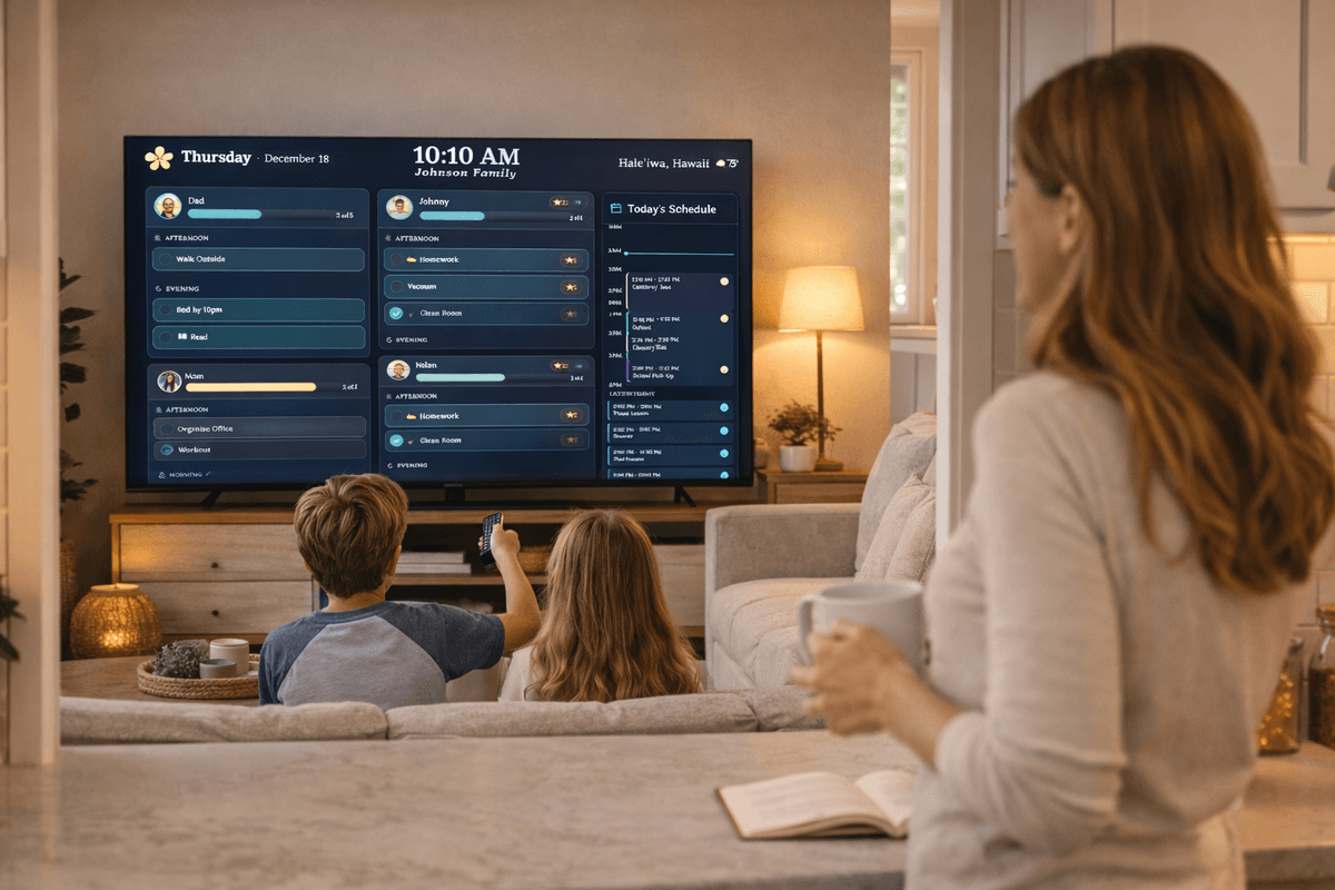 A calm family morning with kids checking their routines on the TV