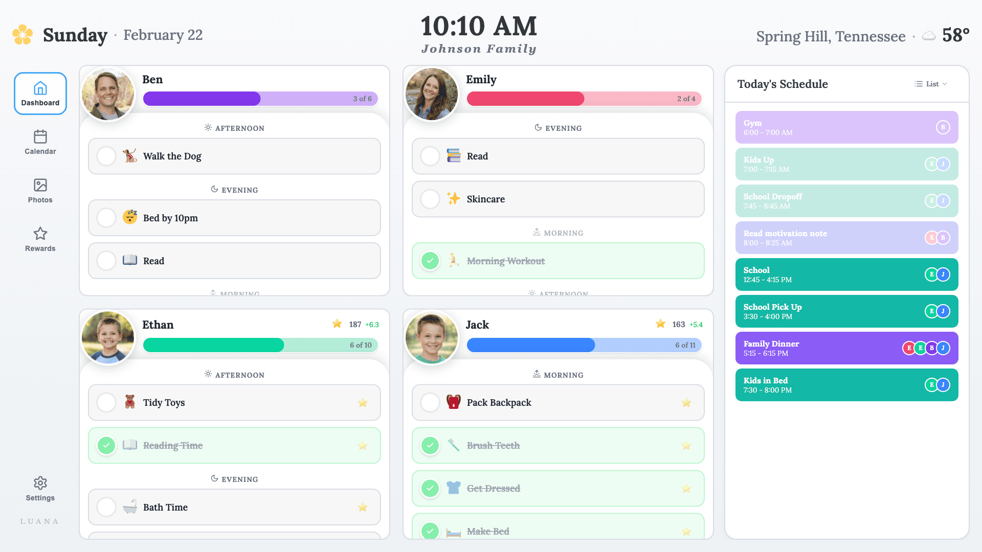 Luana's family dashboard on a Google TV: today's schedule for each family member, kids' routines, and chore rewards in one view