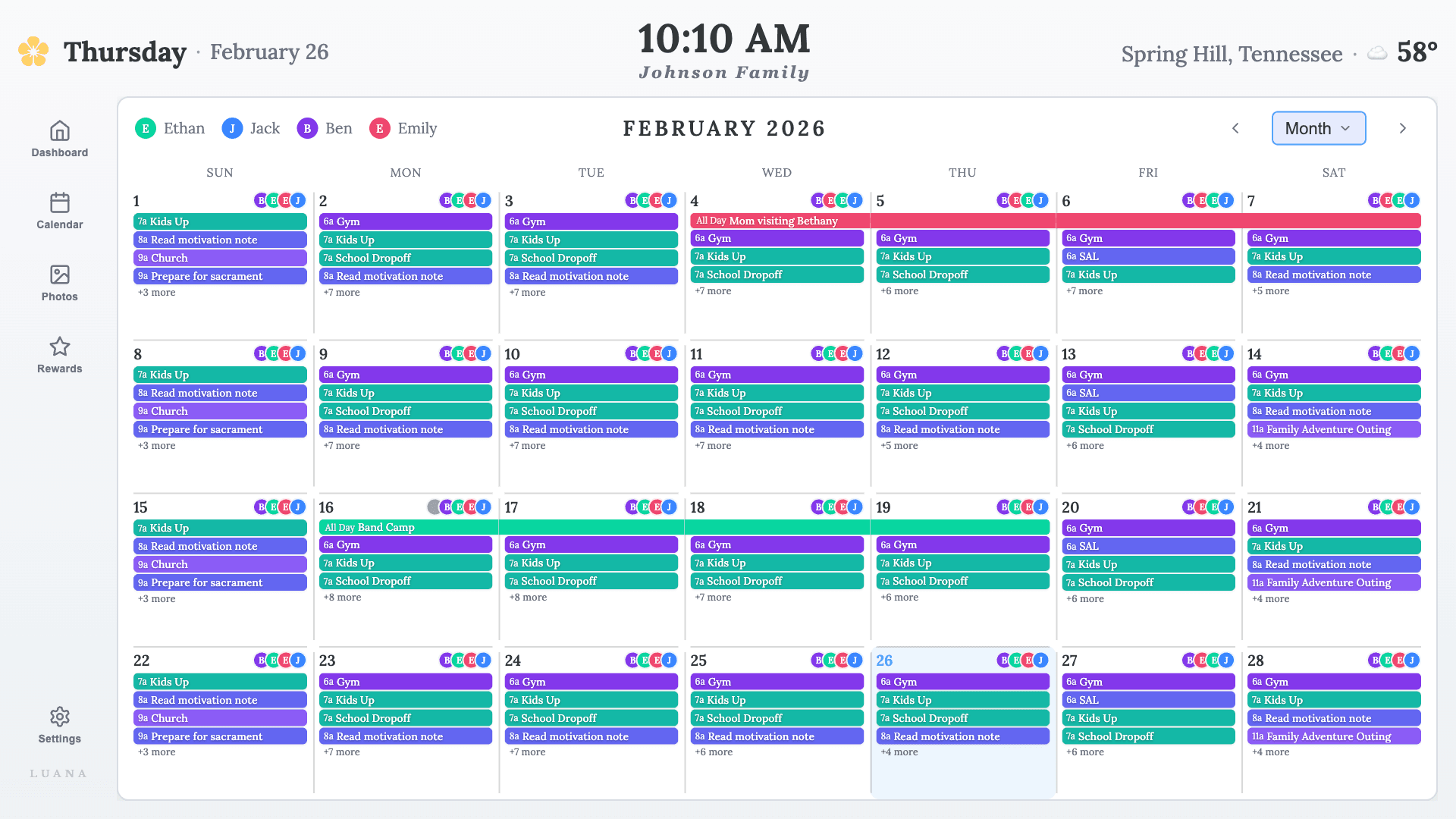 Luana family calendar on a living-room TV: a full month of color-coded events for four kids, with weather and the family name