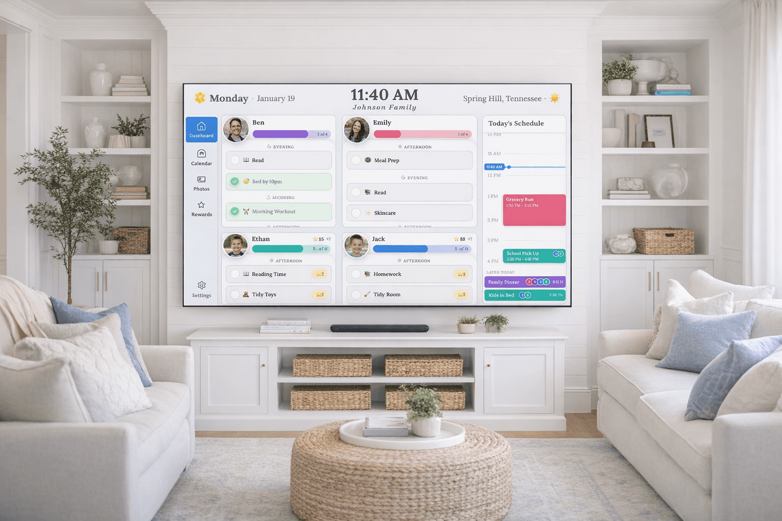 A living-room TV used as a digital wall calendar: Luana's family dashboard showing the day's schedule, each family member in their own color